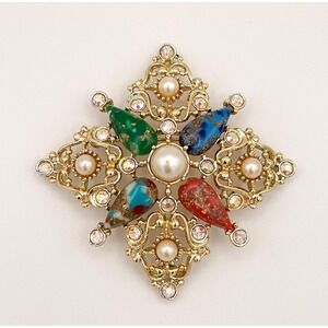 Vtg 1960s Sarah Coventry Maltese Cross Brooch – Faux Pearls, Art Glass